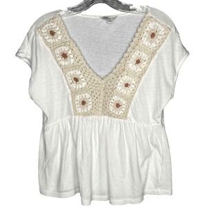 Lucky‎ Brand womens cottagecore blouse vneck linen blend size XS granny crochet